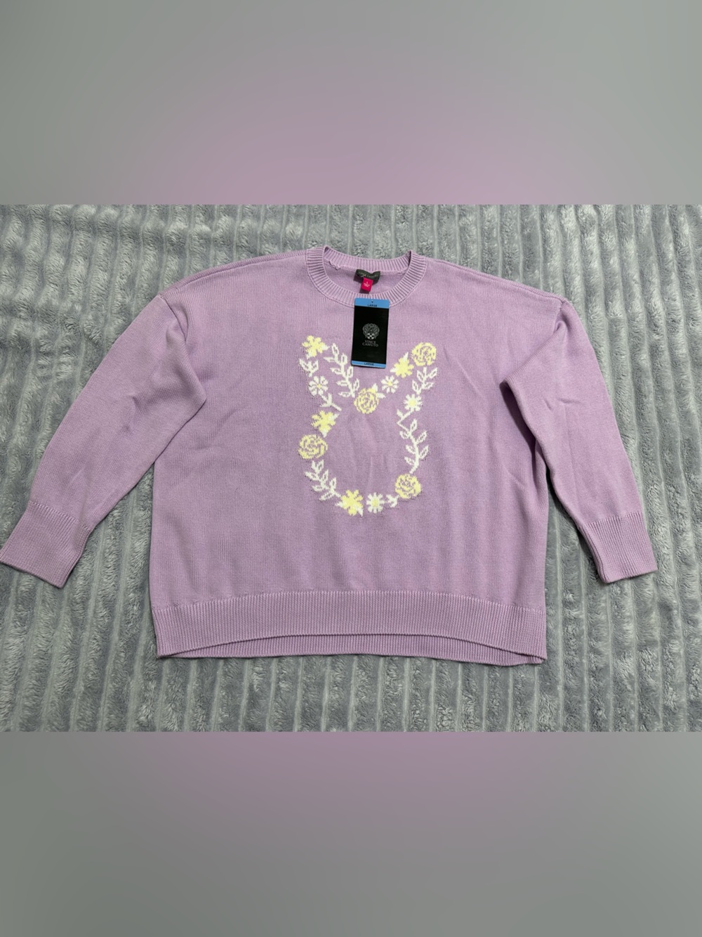 Vince Camuto Lavender Crewneck Sweater with Yellow Floral Wreath